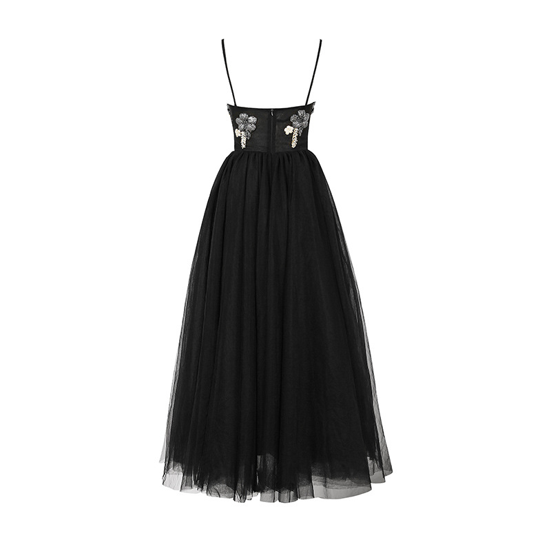 Black Appliqued A-Line Tulle Spaghetti Straps Midi Dress main image 1