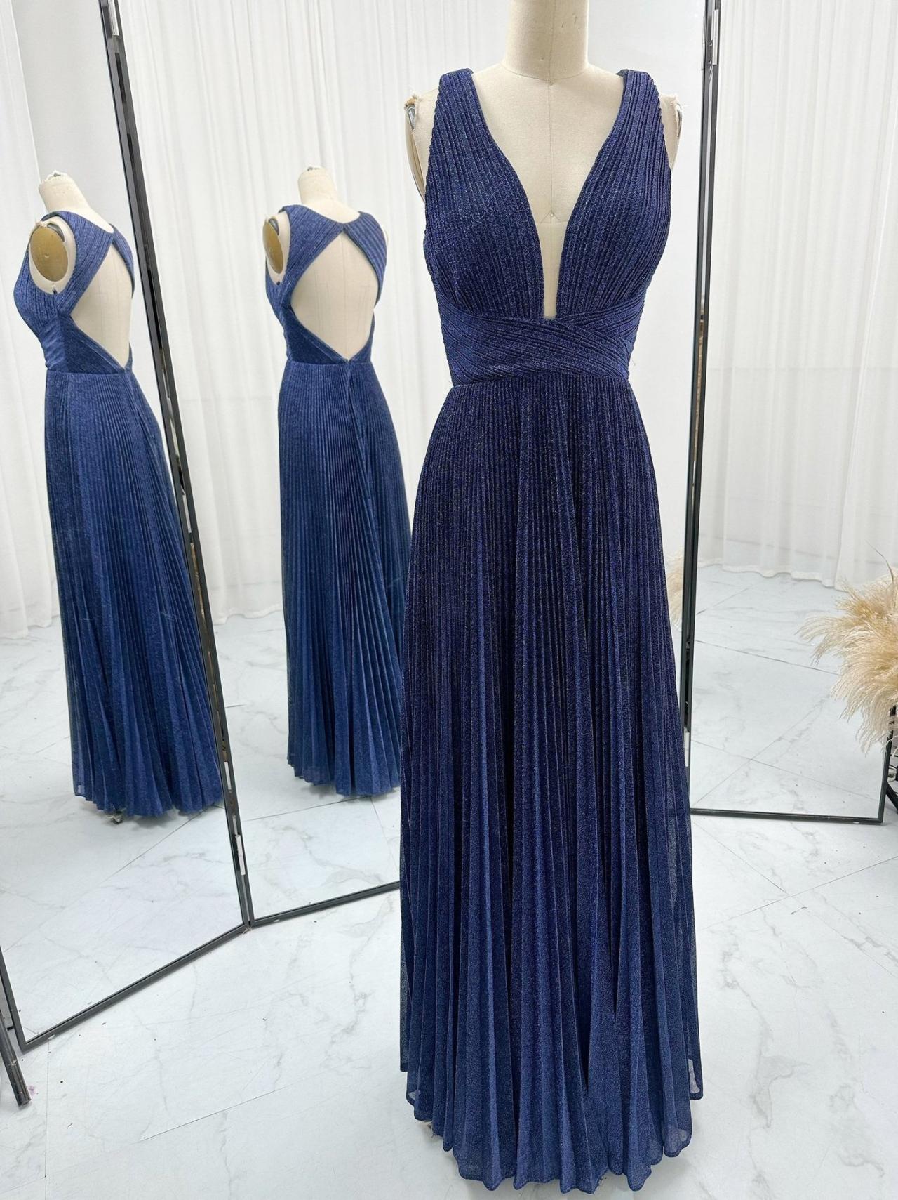 Plunging Neck Pleated Navy Prom Dress With Open Back