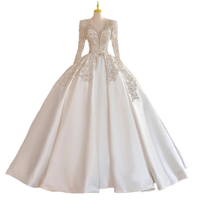 Elegant Long-sleeve Lace Applique Bridal Ball Gown on Luulla