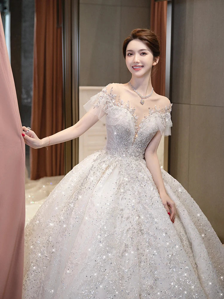 off the shoulder beaded wedding dress A-line Off-the-shoulder Lace Beaded Wedding Dress Rustic Country Weddi main image 1