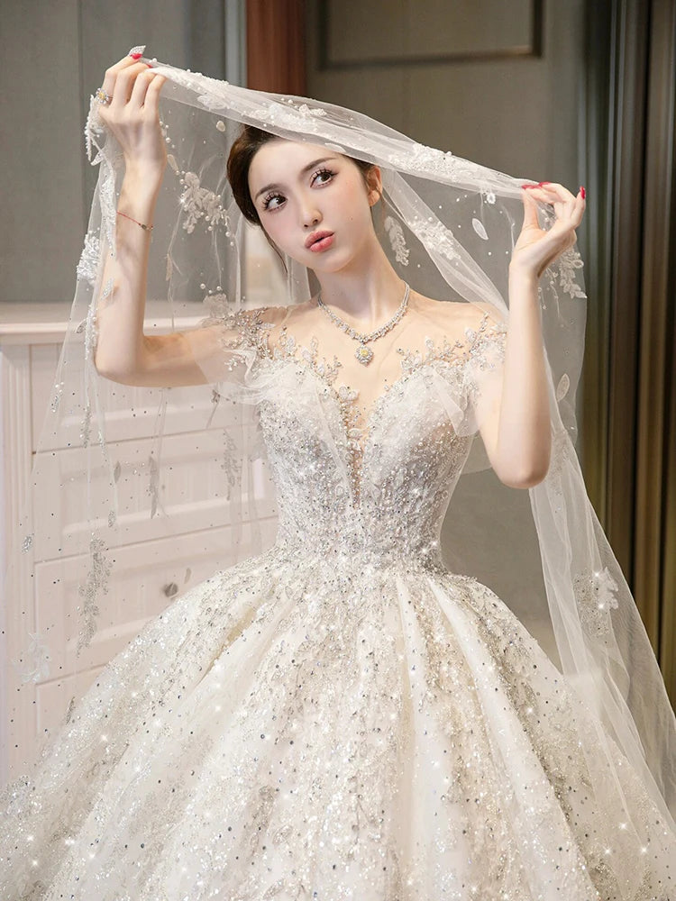 Off-the-Shoulder Ball Gown with Beaded Bustier and High Slit Burgundy