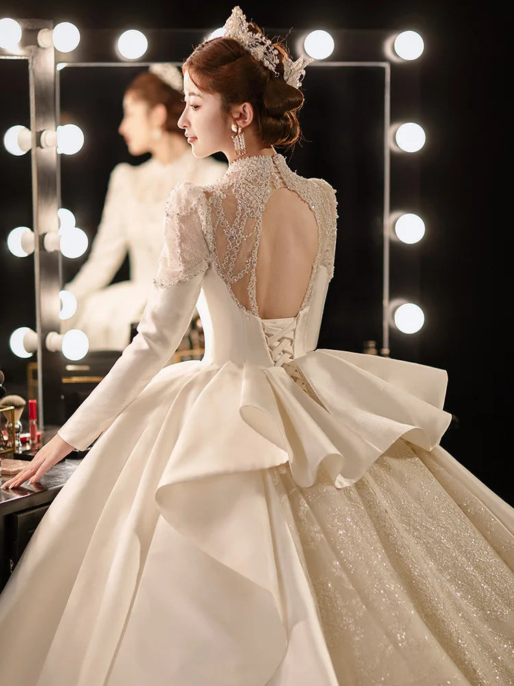 Elegant Long Sleeve Lace Satin Bridal Gown on Luulla