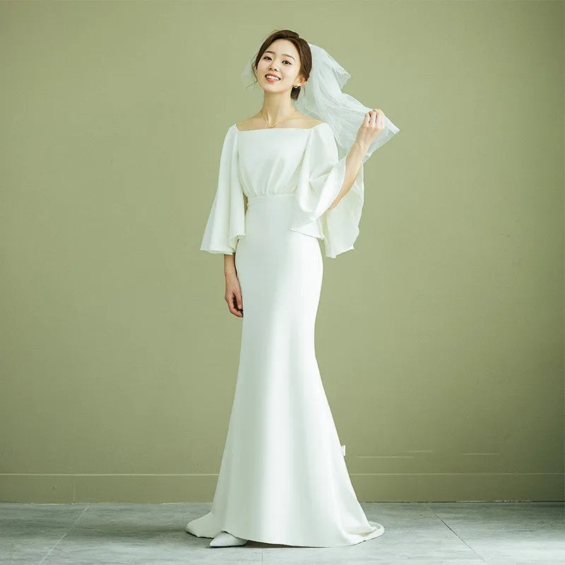 Elegant Boat Neck Flutter Sleeve Bridal Gown on Luulla
