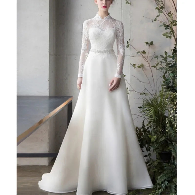 Elegant Long-sleeve Lace Top Satin Bridal Gown on Luulla