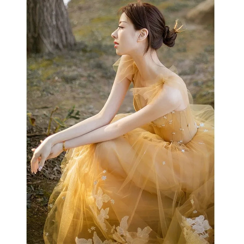 Elegant Golden Floral Applique Tulle Evening Gown on Luulla
