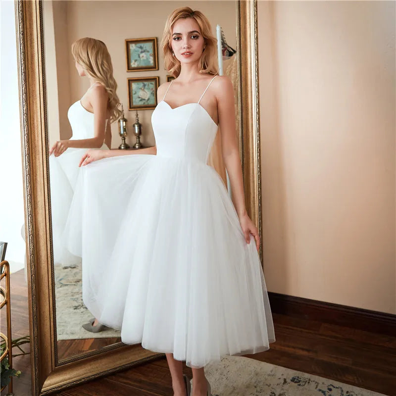 Elegant White Tulle Midi Dress With Sweetheart Neckline on Luulla