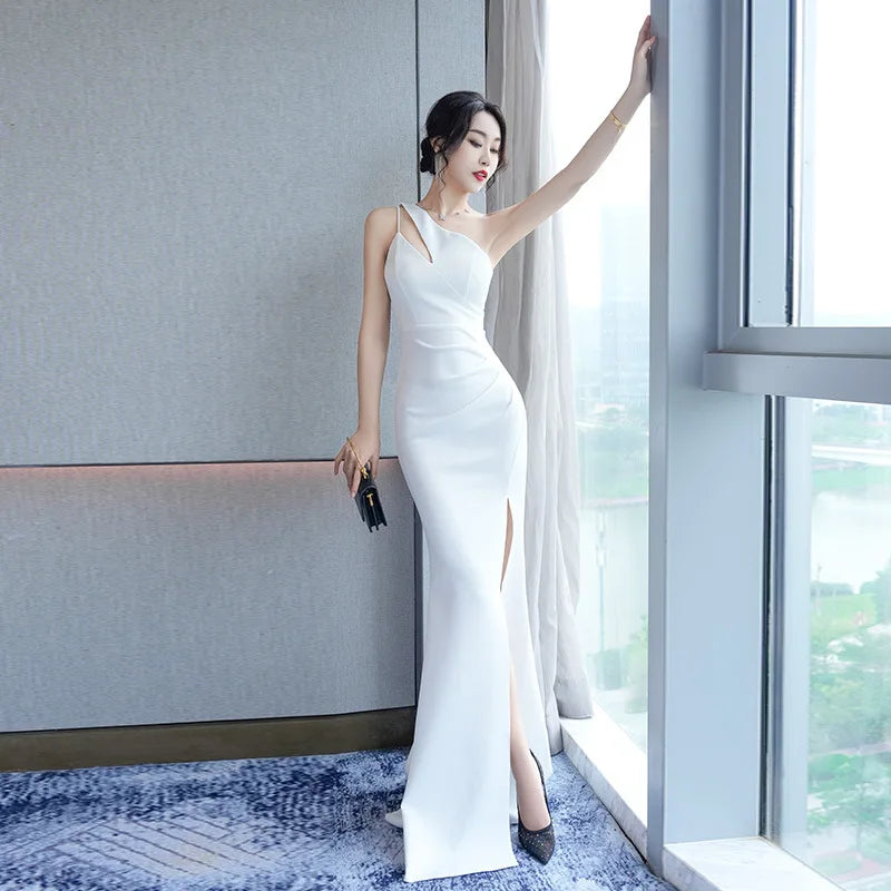 White one shoulder evening gown hot sale