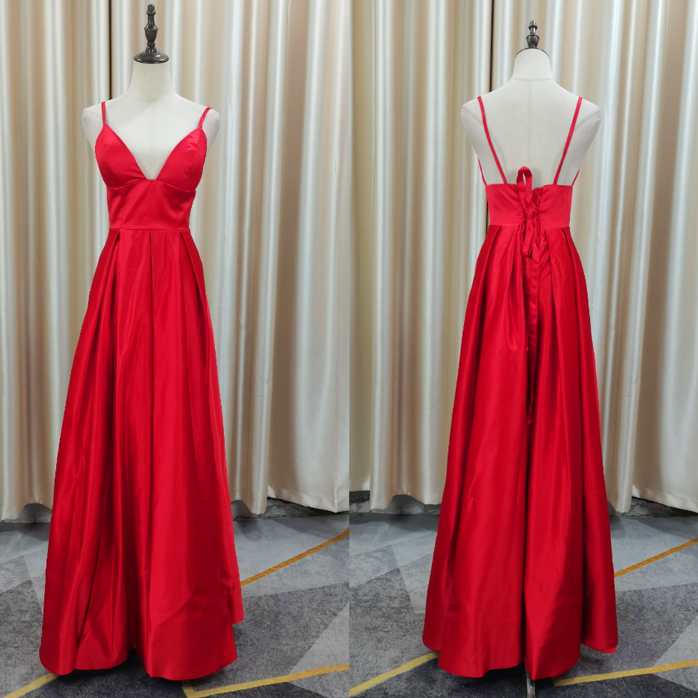 V-Neck Floor-Length Satin Prom Dress Champagne