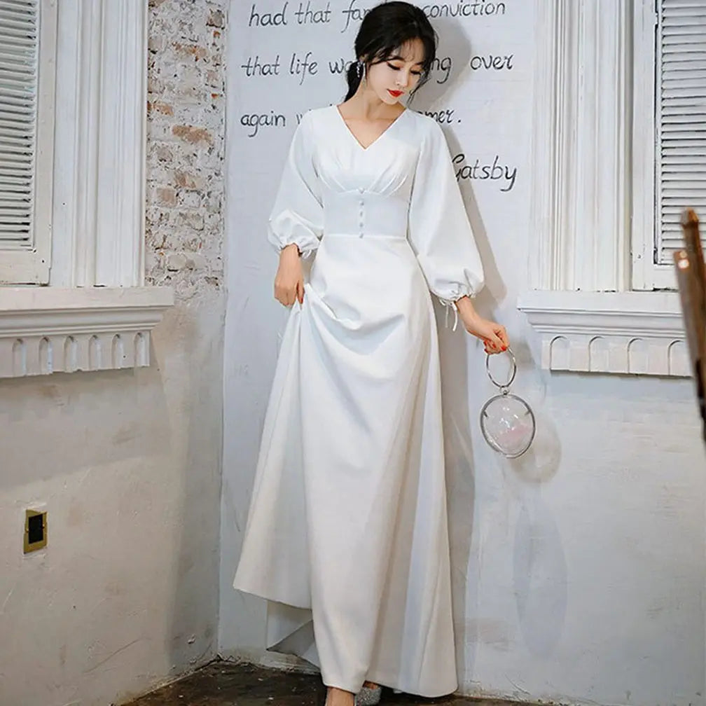 Elegant White Maxi Dress With Balloon Sleeves