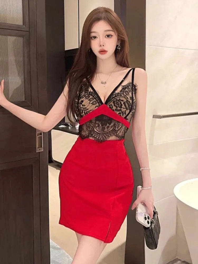 Black lace top with red skirt sale
