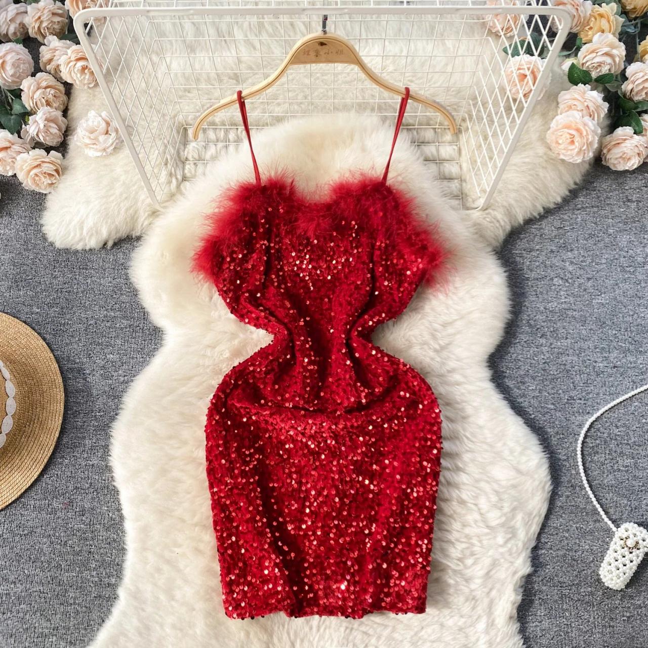 Sequin dress with fur deals