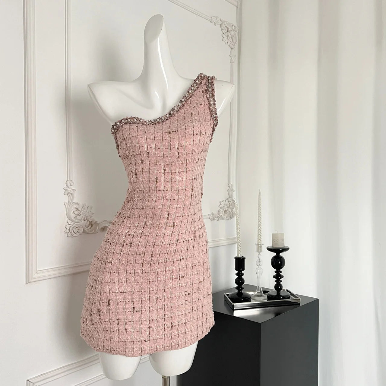 One-shoulder Pink Tweed Mini Dress With Beading on Luulla