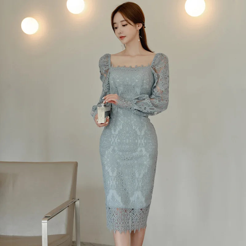 Harajpee Lace Dress Women 2024 Spring Korean Elegant Socialite Slim Buttocks Wrapped Dresses Banquet Goddess Gentle Vestido
