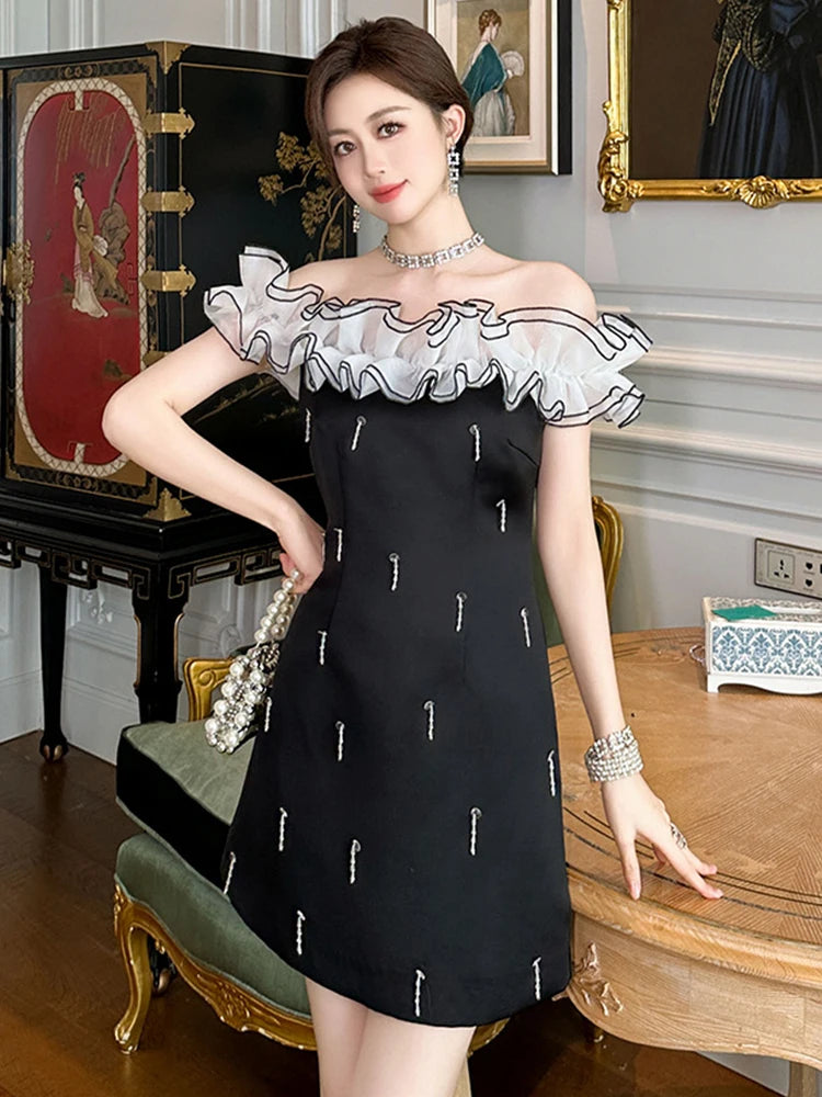 Yourbridal Off Shoulder Black Dress with Ruffled Collar E