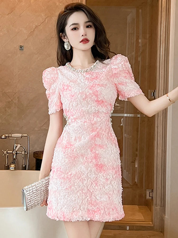 Lovely Sweet Pink Dresses Women Cute Elegant Petal Mesh Diamond Hollow Cut Out Bodycon Short Gow on Luulla