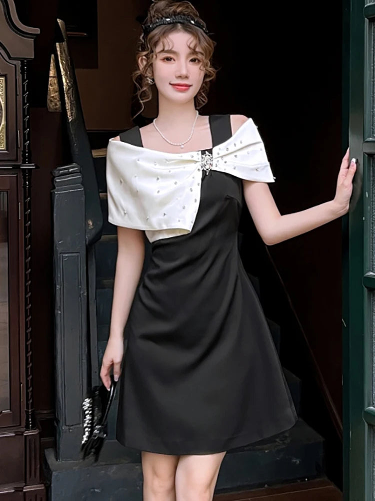 Black Formal Dress With White Pearl Shawl