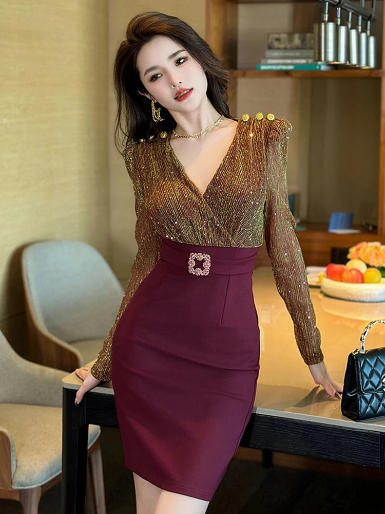 Yourbridal V Neck Gold Top with Burgundy Pencil Skirt