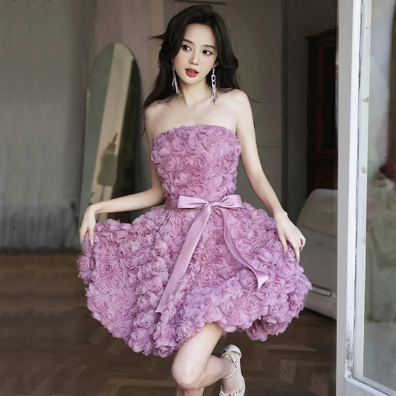 Sweet Pink Strapless Flower Tulel A Line Prom Dress