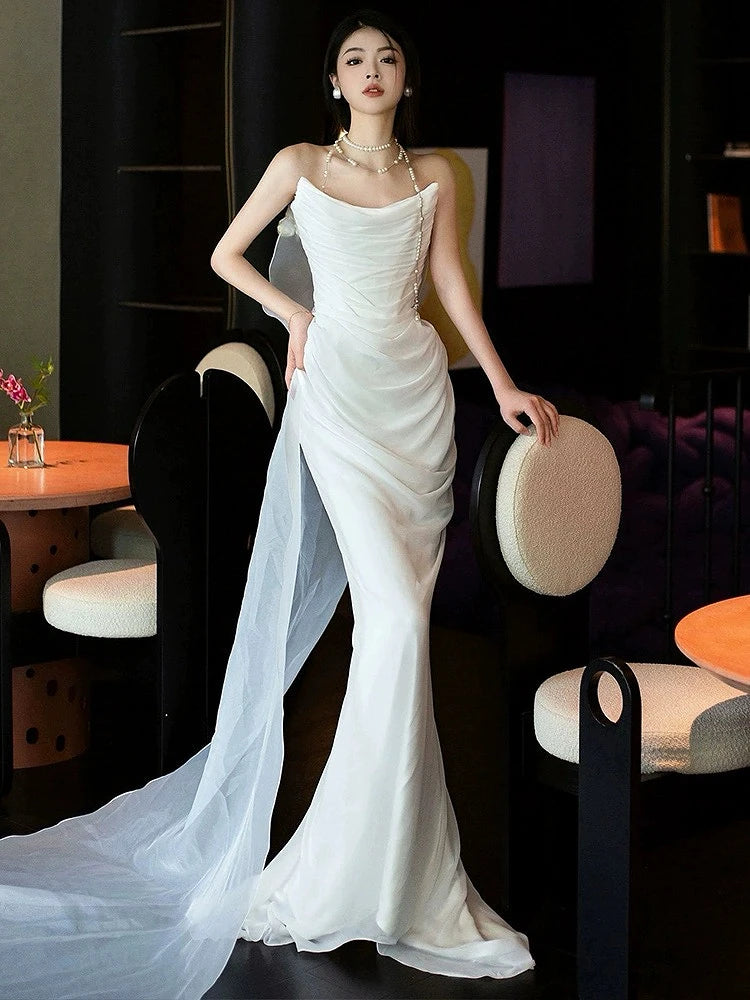 sheer overlay white dress Wedding Dress 2025, Strapless White Dress With Sheer Overlay Design