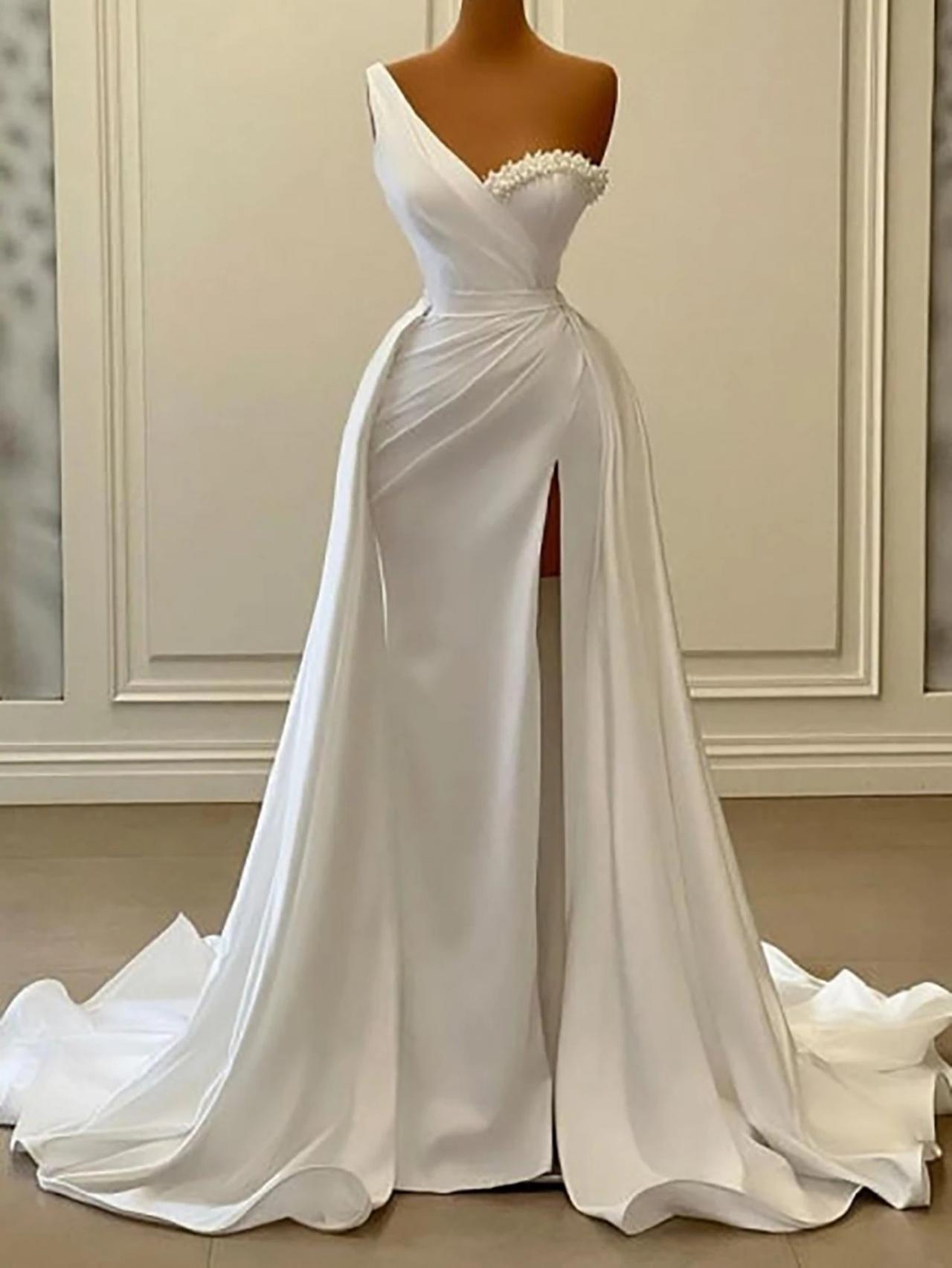 Draped Off-Shoulder Side Slit White Evening Dress Draped Off-Shoulder Side Slit White Evening Dress