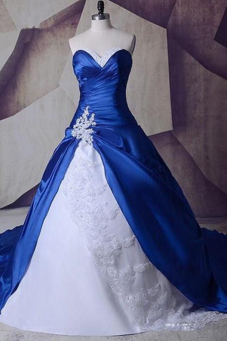 Sweetheart Royal Blue White Vintage Wedding Dresses Sleeveless Bridal Gowns Plus Size