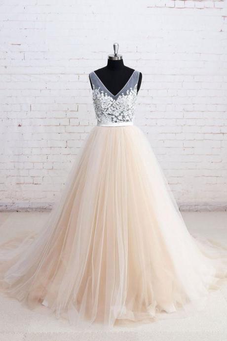 Sheer Bodice Blush Spring Wedding Dresses Long Bridal Gowns