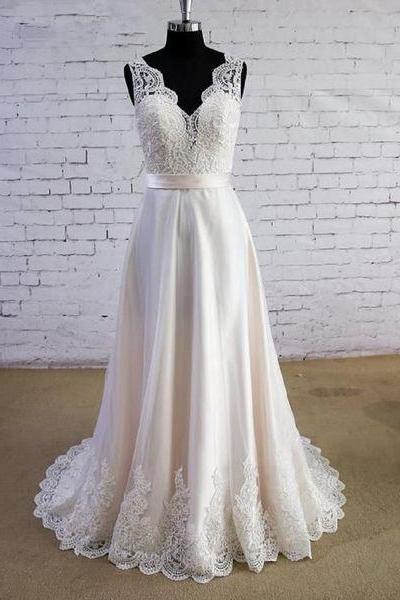 Sleeveless V Neck Ivory Wedding Dresses for Brides Bridal Gowns Plus Size