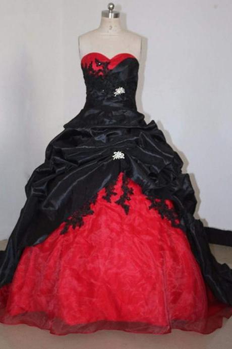 Strapless Ball Gown Wintage Taffeta Wedding Dresses Red Black Two Tone Bridal Gowns