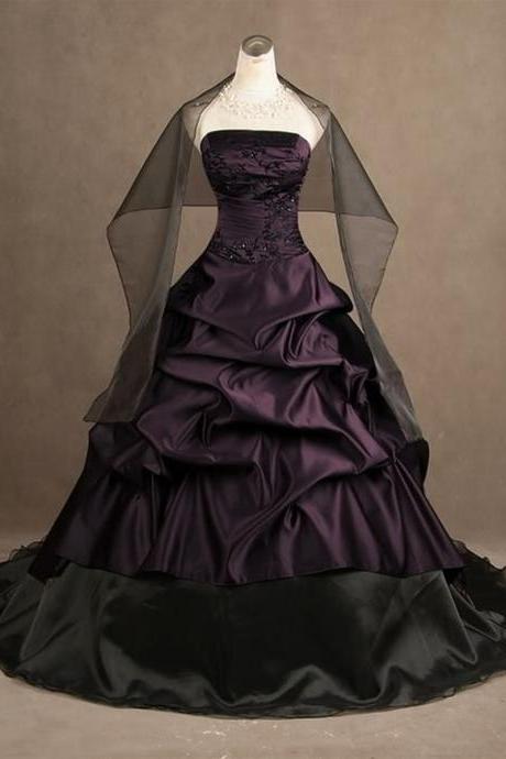 Strapless Dark Purple Black Vintage Wedding Dresses Ruffled Bridal Gowns 
