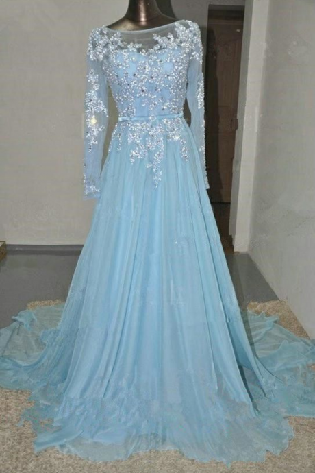 Blue Formal Occasion Dresses With Beads Long Sleeves Evening Gowns