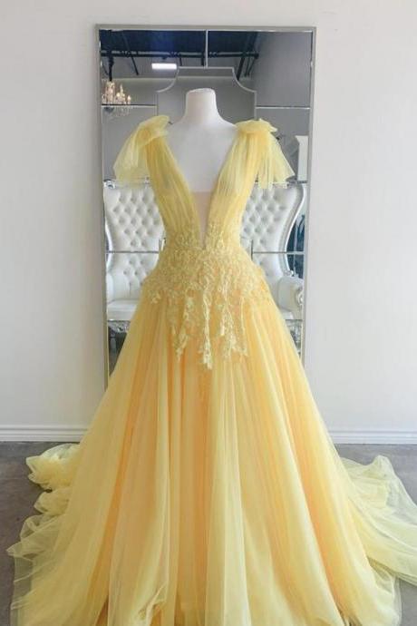 V Neck Yellow Long Formal Occasion Dress Pageant Evening Gowns