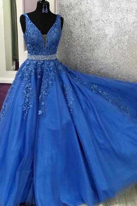 Sleeveless Blue Prom Dresses Long Formal Pageant Evening Gowns
