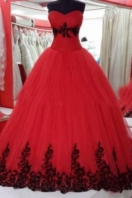 Sweetheart Red Ball Gown Pageant Dress With Black Appliques