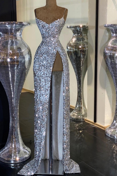 Silver Sequin Prom Dress Long Evening Gowns