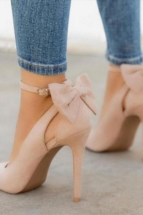 Pointed Toe Suede Women Pumps High Heels Shoes with Bow