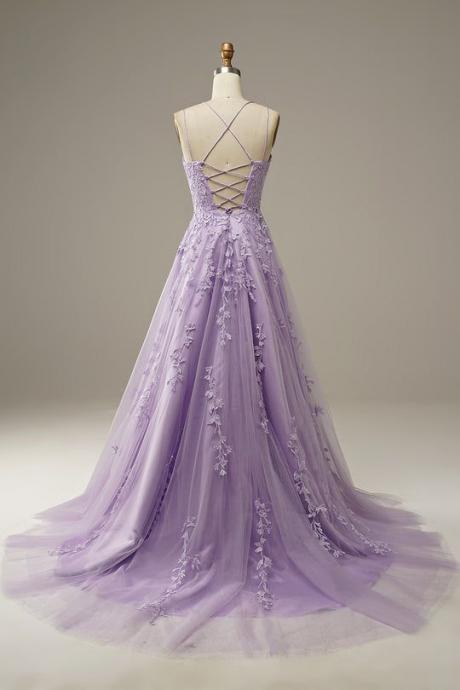 Lace Up Back Lavender Prom Dress