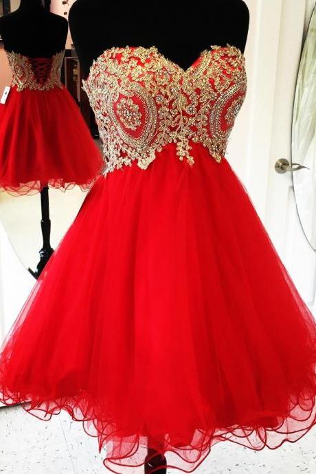 Sweetheart Red Short Party Dress With Gold Appliques