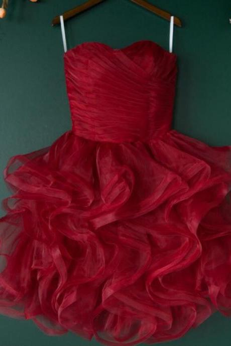 Sleeveless Dark Red Organza Short Party Dress