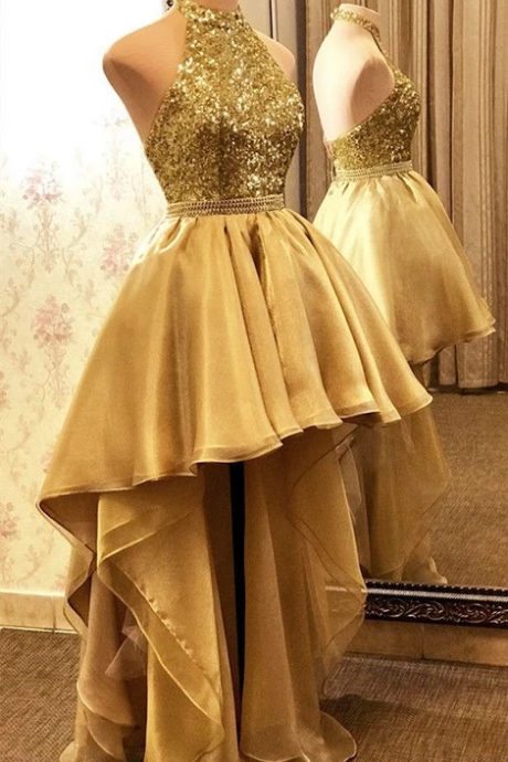 Gold Halter High Low Party Dress