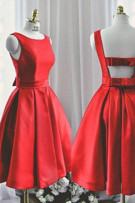 Under Knee Length Red Satin Semi Formal Dress
