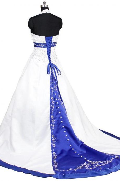 Halter Royal Blue And White Embroidered Wedding Dresses