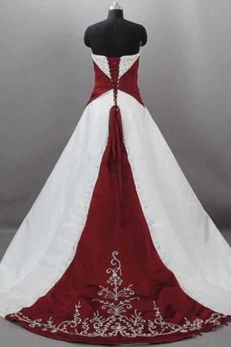 Strapless Burgundy and White Embroidered Wedding Dresses