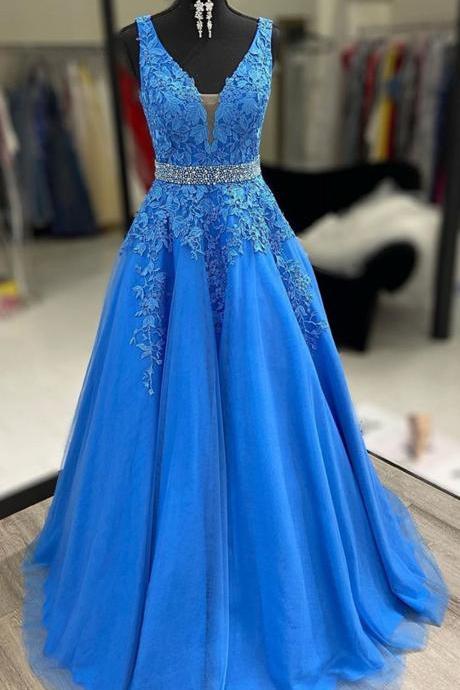 Plunging Neck Long Blue Prom Dress