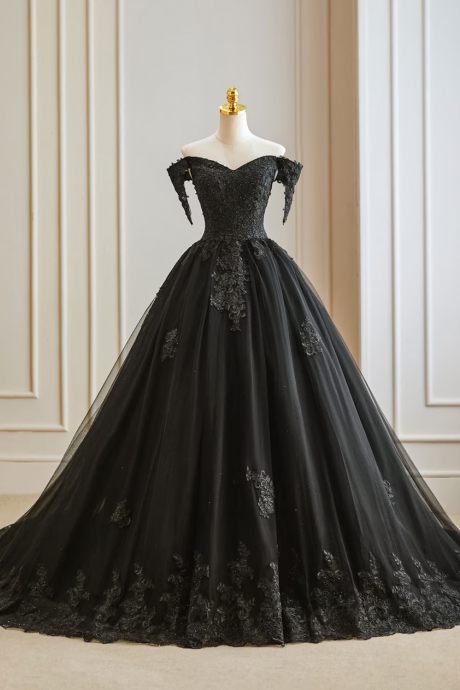 Off The Shoulder Black Gothic Ball Gown Wedding Dress