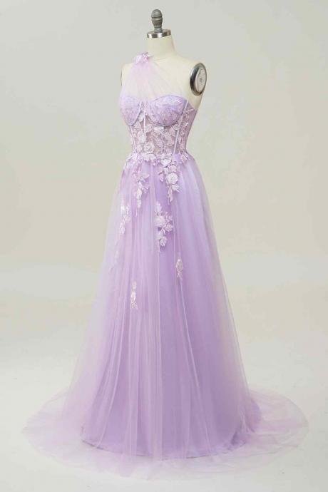 Lilac One Shoulder Long Pageant Dress Floor Length Evening Gown