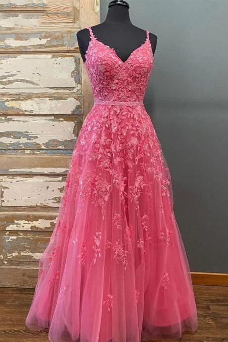 Spaghetti Strap V Neck Long Prom Dress With Glitter Appliques