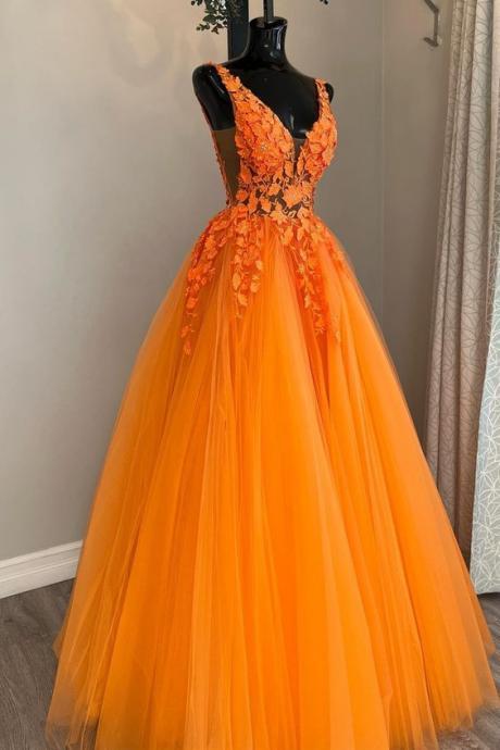 Sheer Bodice V Neck Orange Prom Dress Long Pageant Evening Gown
