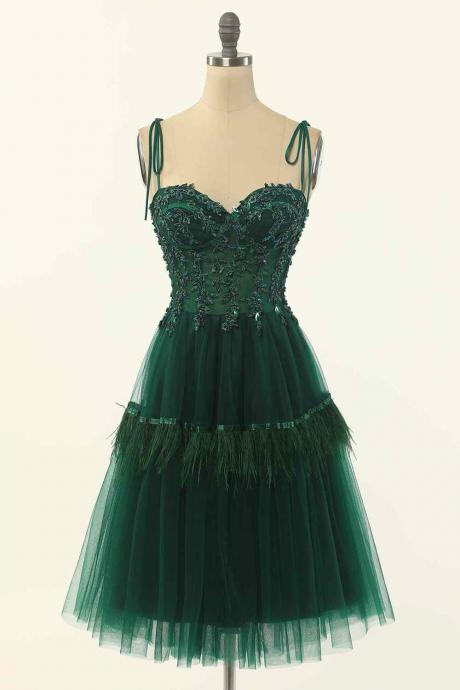 Dark Green Short Prom Dress With Feather Decor