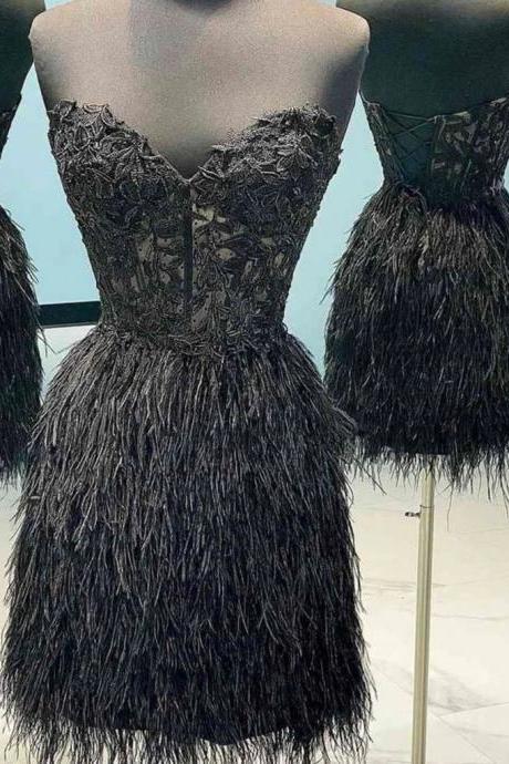 Sweetheart Black Short Prom Dress With Feather