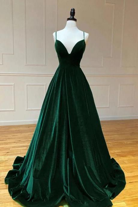V Neck Dark Green Velvet Long Prom Dress With Lace Up Back
